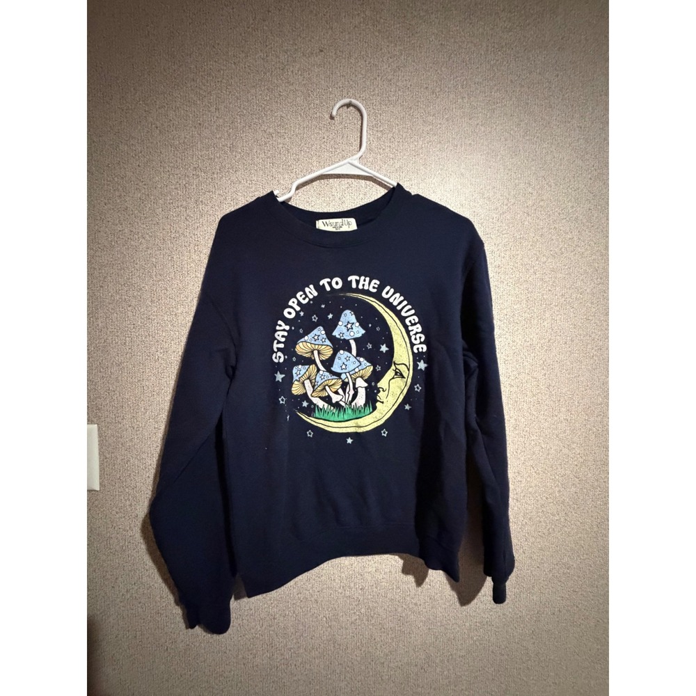 Wound Up Navy Blue Stay Open To The‎ Universe Mushroom Moon Sweatshirt Small